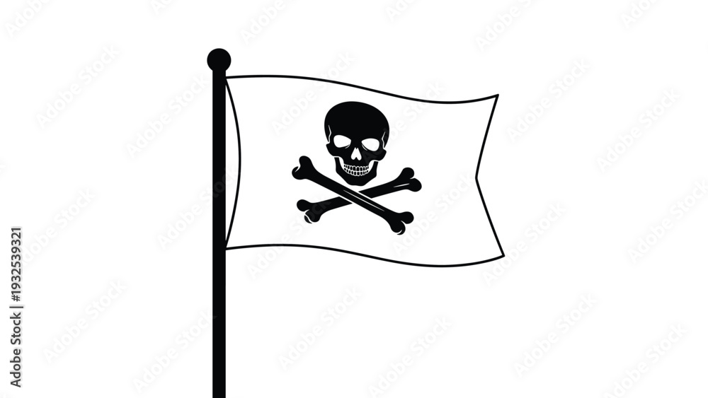 Fototapeta premium Classic pirate flag featuring a white skull and crossbones on a black field is waving proudly on a black flagpole.