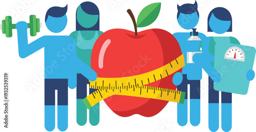 Healthy Lifestyle Concept with Red Apple, Measuring Tape, and People Exercising with Dumbbells, Water Bottle, and Weight Scale.