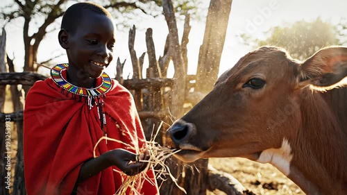 Young maasai boy wearing a traditional red shuka and beaded necklace smiling while hand feeding a young calf with dry grass in a rural village, illuminated by the warm light of the sunset