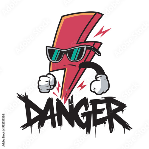 Danger text with lightning bolt mascot wearing cool sunglasses vector graphic