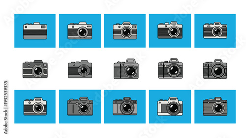 Grid displaying various retro and modern camera icons in grey, black, and white on blue and white background squares.