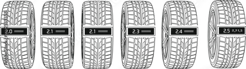 Set of car tires with digital pressure gauge readings showing different bar levels for automotive maintenance service and tire safety check vector illustration
