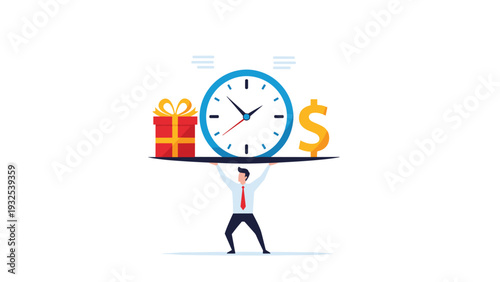 Small businessman balances a tray holding a large clock, a red gift box, and a gold dollar sign above his head.