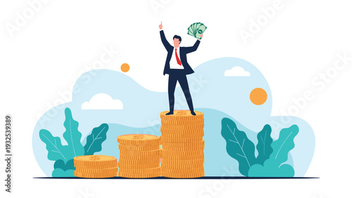 Happy businessman celebrates his financial success by standing on top of high stacks of gold coins while holding cash.