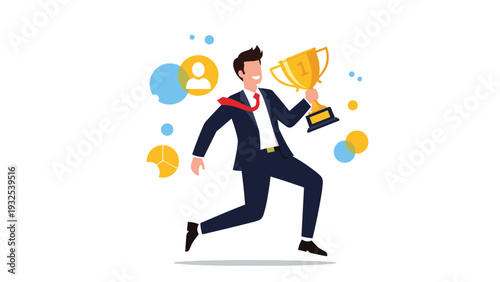 Energetic businessman runs with a gold trophy, surrounded by icons of people, pie charts, and financial data.