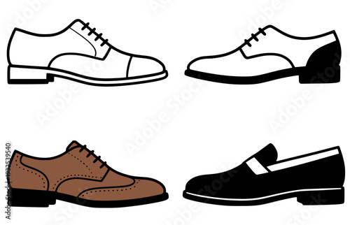 Set of 4 simple dress shoe vector icons, transparent background PNG