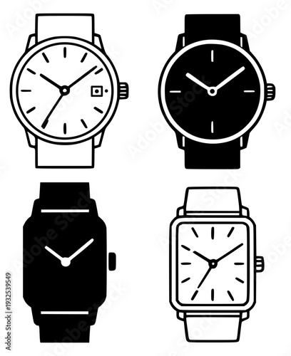 Set of 4 simple wristwatch vector icons, transparent background PNG