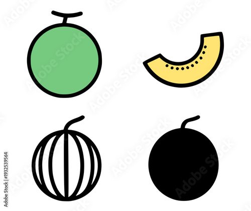 Set of 4 simple melon vector icons, transparent background PNG