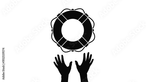 Dramatic silhouette of two hands reaching upwards towards a lifebuoy for safety and rescue against a white background.