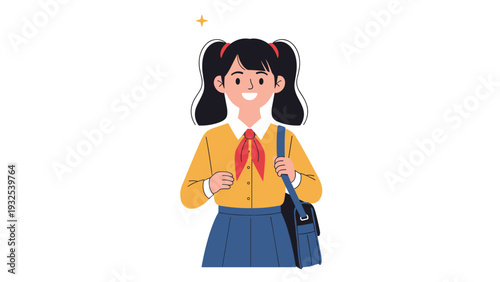 Happy young school girl with dark pigtails, a yellow shirt, and a blue skirt smiles while wearing a blue backpack.