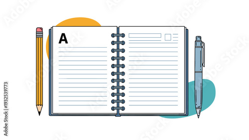 Open spiral notebook with the letter A on a page is placed carefully between a yellow pencil and a blue ballpoint pen.