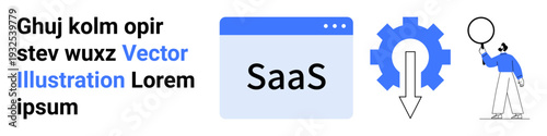 SaaS text in browser interface, large gear with downward arrow, user holding balloon. Ideal for SaaS platforms, technology, software integration, user experience, cloud services, solutions simple