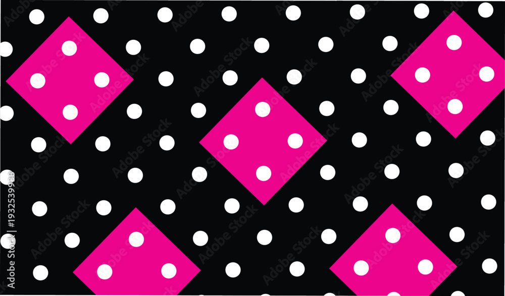 Fototapeta premium Seamless pattern with pink diamonds and white polka dots on black background for textile print wrapping paper wallpaper decorative graphics design modern fashion fabric