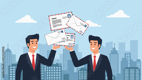 Two happy businessmen in suits hold their hands out to catch or release several flying envelopes in a city setting.