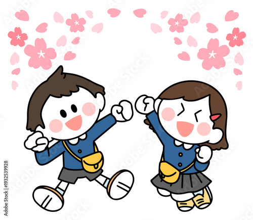 制服を着て笑顔でジャンプする子どもたち