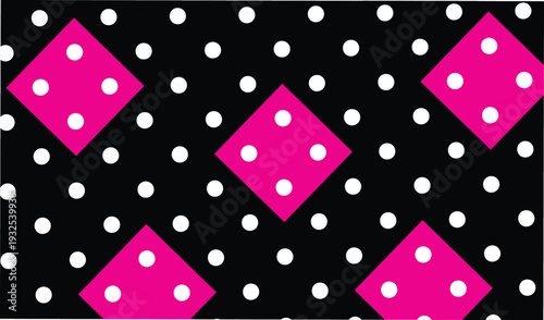 Seamless pattern with pink diamonds and white polka dots on black background for textile print wrapping paper wallpaper decorative graphics design modern fashion fabric