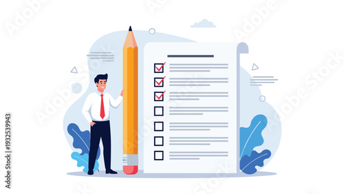 Ambitious businessman stands next to a giant yellow pencil and a large document with red checkmarks on a checklist.