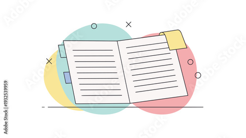 Open notebook with multiple tabs and a yellow sticky note is shown clearly against a colorful geometric background.