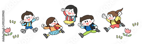仲良く並んで走る　ランドセルを背負った子供達のイラスト