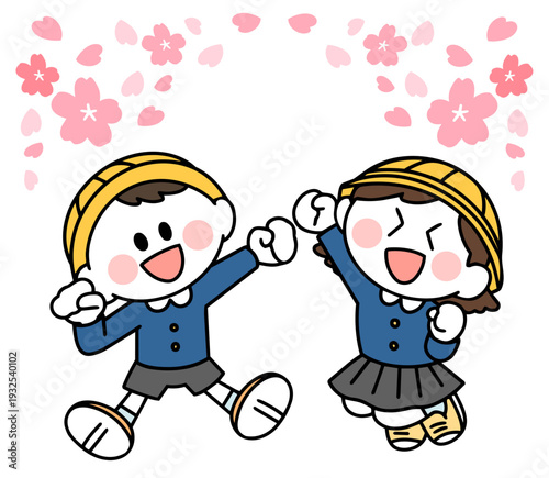 制服を着て笑顔でジャンプする新一年生の子どもたち