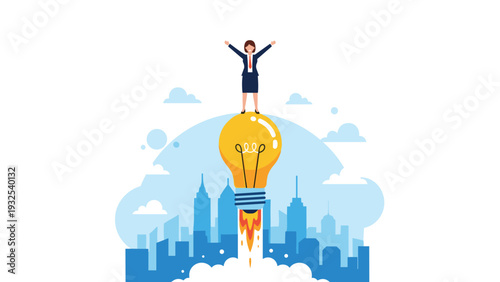 Professional businesswoman standing on top of a lightbulb shaped rocket as it launches from a modern city into the clear blue sky.