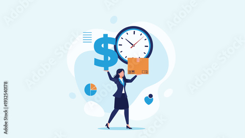 Determined businesswoman in a suit balancing a large dollar sign, a ticking clock, and a delivery box to show multitasking skills.