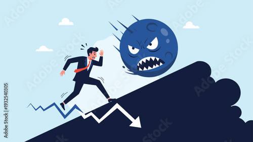 Scared businessman running away from a giant angry meteor monster that is rolling down a falling financial market arrow graph.