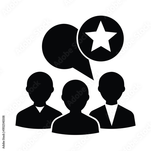 Three people silhouettes with speech bubbles one showing star for positive review or opinion sharing