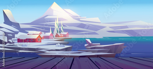 Scandinavian winter landscape view from wood pier