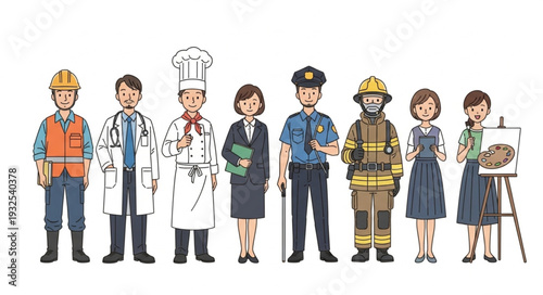 Diverse group of professionals standing together, representing various occupations and careers.