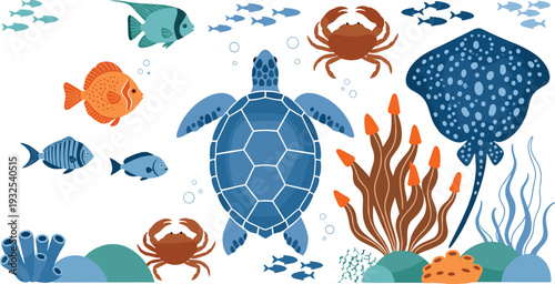 Undersea Life Vector Set with Blue Sea Turtle, Spotted Stingray, Orange Fish, Crabs, Corals, and Marine Animals Illustration.