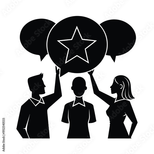 Diverse group of people holding star in speech bubble symbolizing collective feedback and shared opinion