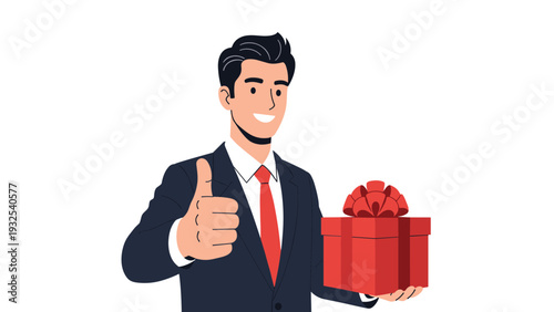 Happy businessman in a dark suit giving a thumbs up gesture while holding a wrapped red gift box with a bow for a celebration.