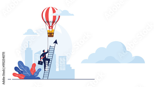Businessman climbing a tall ladder towards a red and white hot air balloon filled with gold coins over a city skyline background.