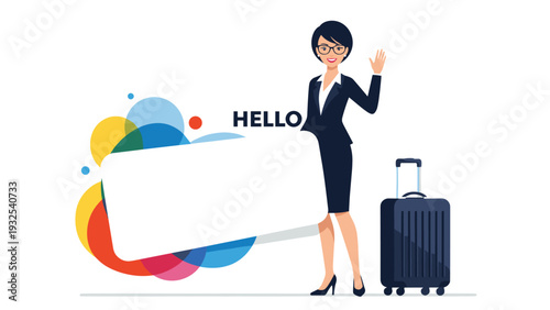 Professional businesswoman in a suit waving hello next to her suitcase and a blank white banner for travel or business messages.
