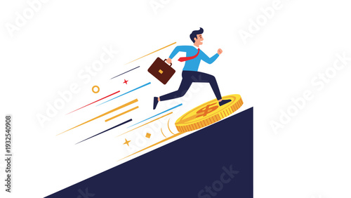 High-energy businessman running up a ramp while standing on a large golden coin to show wealth creation and financial progress.