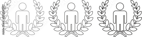 Award winning person icon set, top performer leadership symbol, laurel wreath champion line art pack