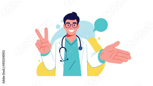 Friendly male doctor in a white coat making a peace sign and reaching out a hand to provide care and medical help to patients.