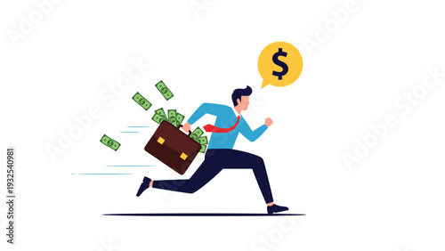 Energetic businessman running at high speed while carrying a briefcase full of money and dreaming of financial success and profits.
