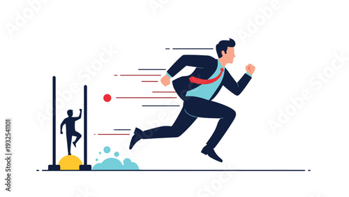 Determined businessman running hurdles against a stylized blue background to represent overcoming business challenges and goals.