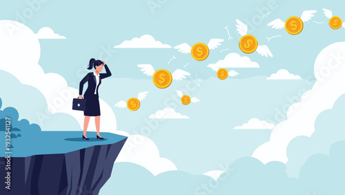 Businesswoman standing on a cliff edge and using binoculars to look at flying winged coins across a wide chasm to find profit.