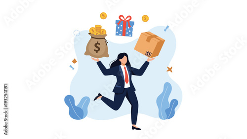 Successful businesswoman running happily while holding a large bag of money and a cardboard delivery box for her business.