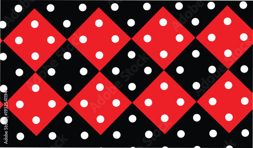 Checkered pattern with red and black diamond shapes and white polka dots vector illustration for vintage textile designs and classic geometric abstract background art