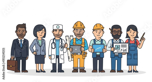 Diverse group of professionals representing various occupations, standing together in unity.