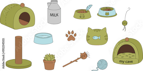 Cute Cat Accessories and Pet Supplies Cartoon Vector Illustration Set