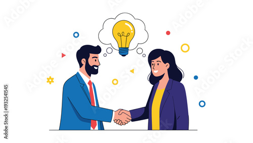 Successful business man and woman shaking hands after a productive meeting with a bright light bulb idea symbol appearing above them in a bubble.