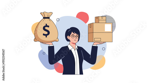 Female entrepreneur balancing a large heavy bag of money and several shipping boxes in her hands to illustrate business logistics and profit.