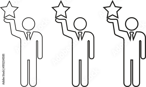 Businessman holding star icon set, success achievement line art, leader reached goal linear symbol