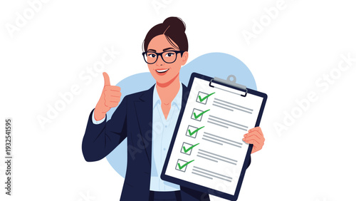 Confident professional woman holding a completed checklist on a clipboard and giving a thumbs up gesture for a successfully finished project.