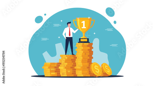 Triumphant businessman standing on tall stacks of gold coins next to a large trophy representing financial success and being the best.